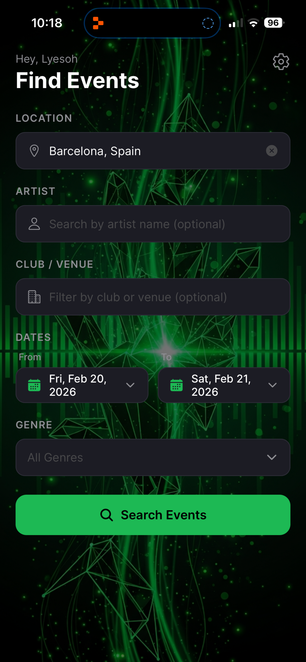 PartyPulse search screen — search by city, artist, venue, dates, and genre