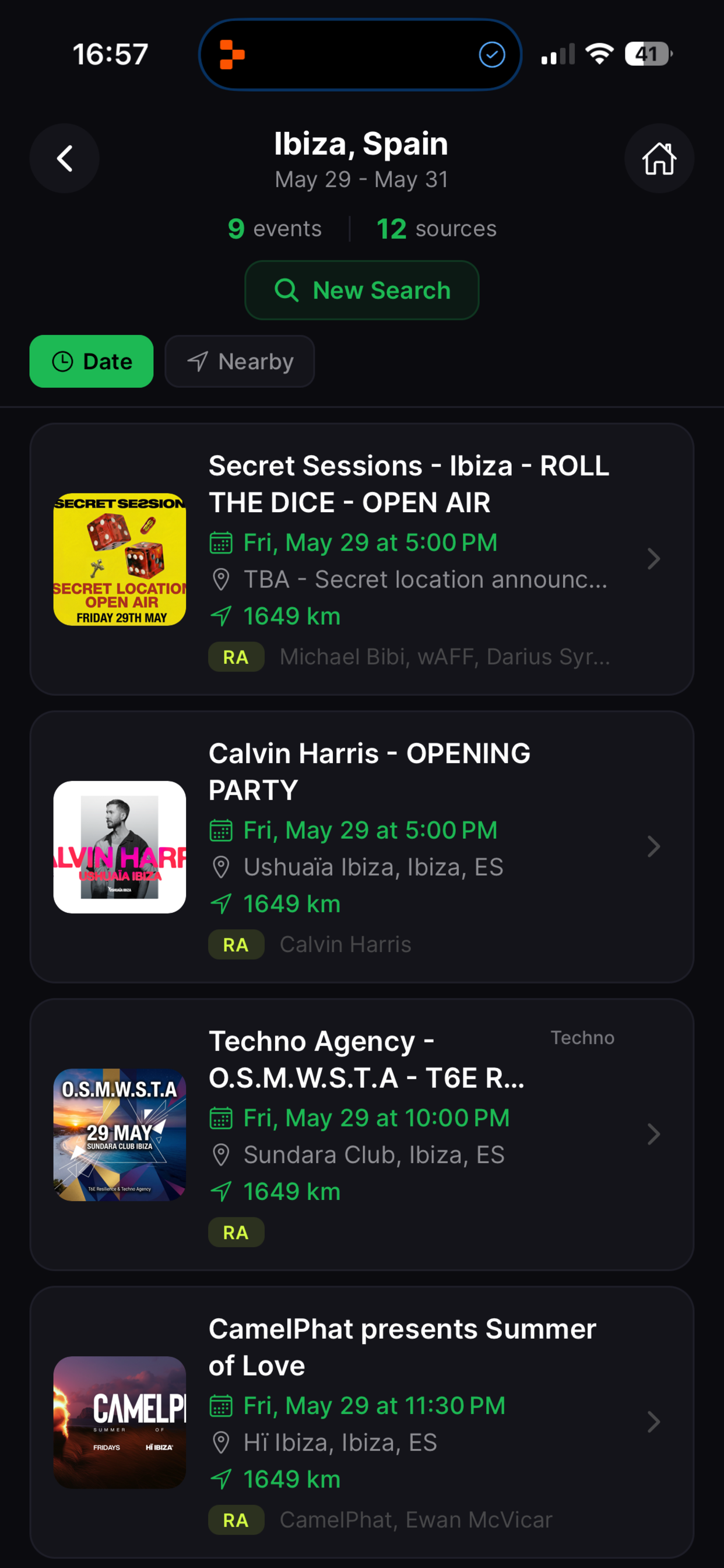 PartyPulse results — Ibiza events with Calvin Harris, Secret Sessions, and more