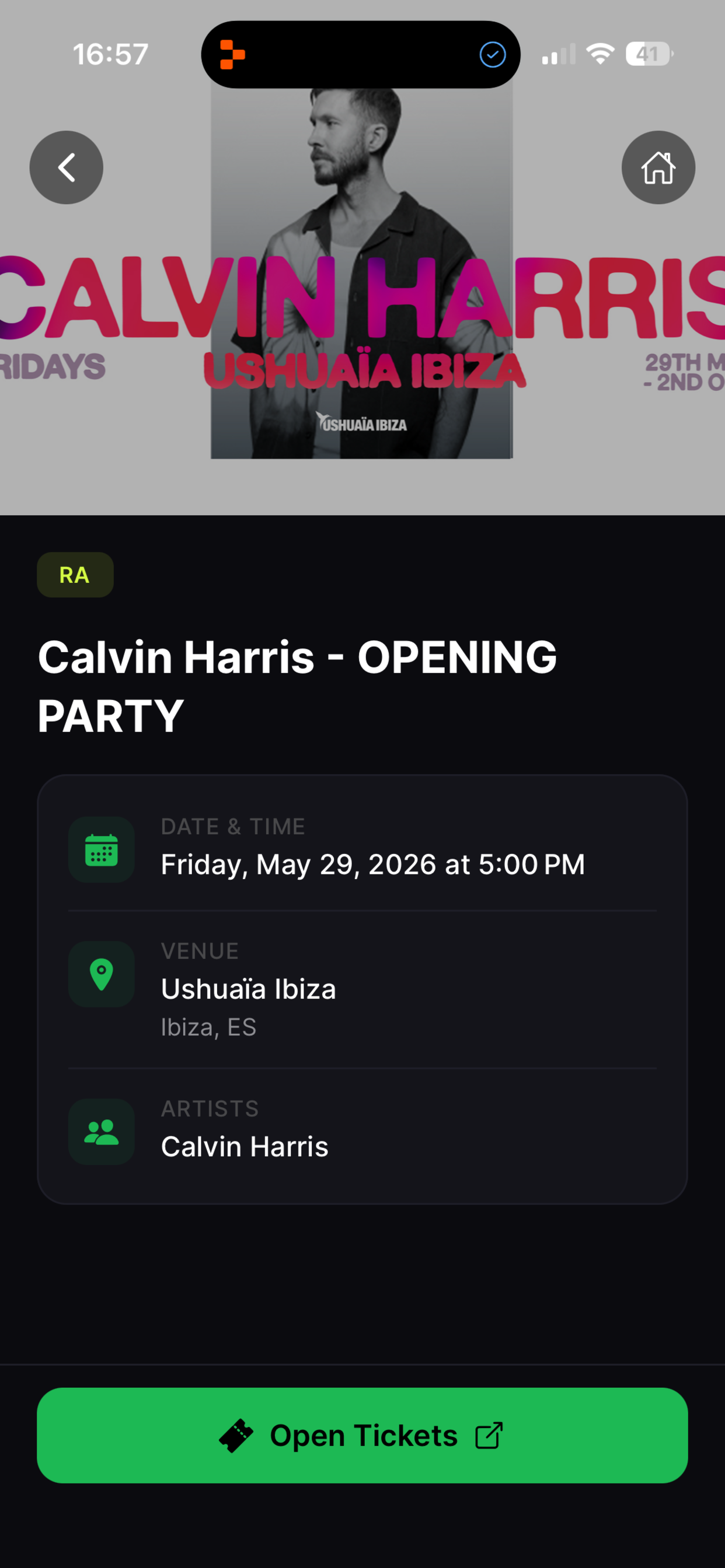 PartyPulse event detail — Calvin Harris Opening Party at Ushuaia Ibiza
